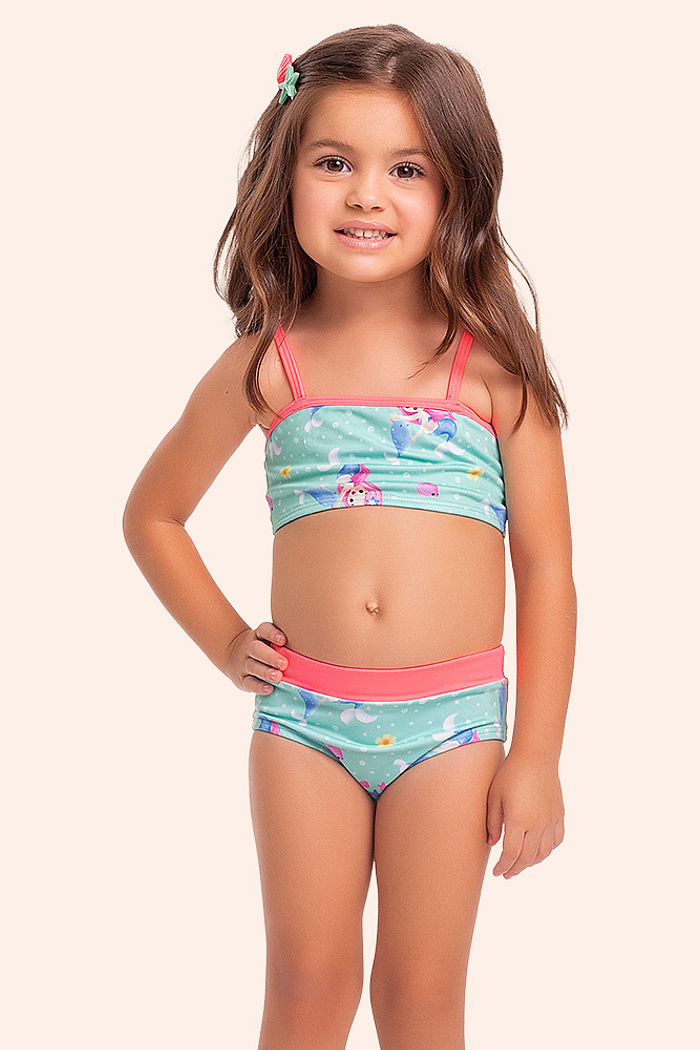 Conjunto biquíni infantil estampado fundo do mar com proteção uv