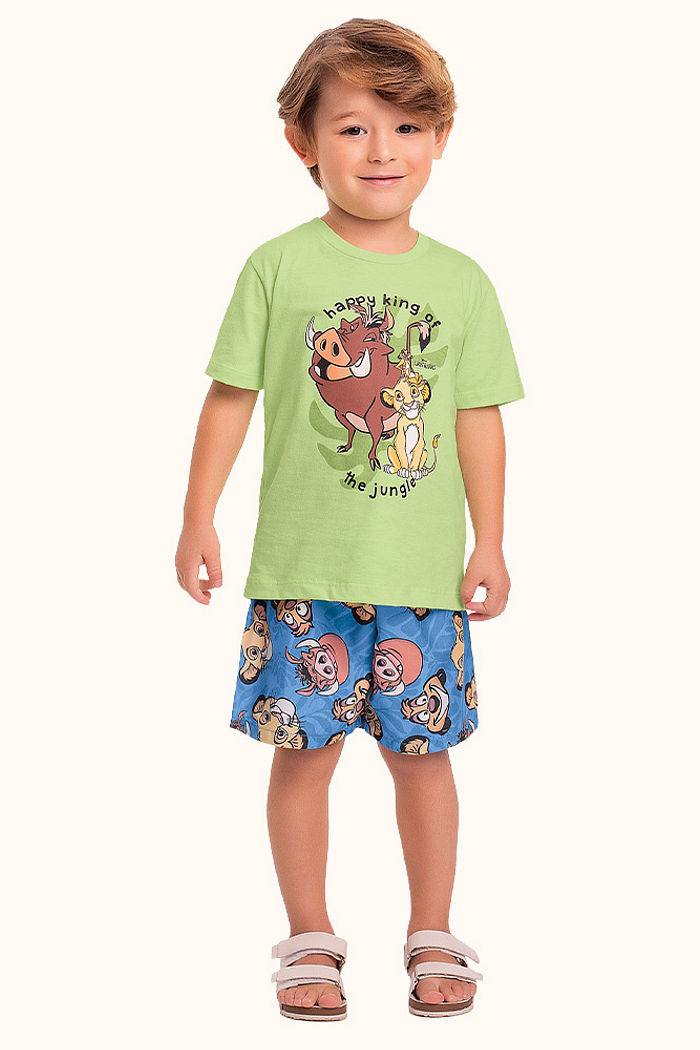 Conjunto camiseta em meia malha e bermuda cordão decorativo Rei Leão