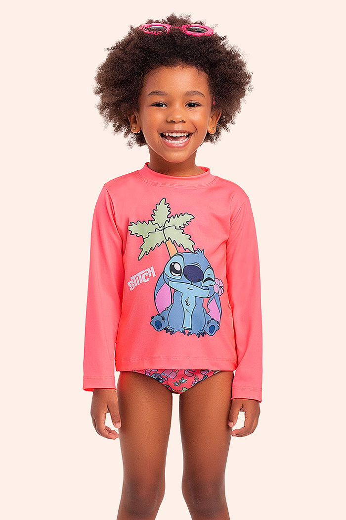 Conjunto blusa manga longa/calcinha moda praia Lilo & Stitch