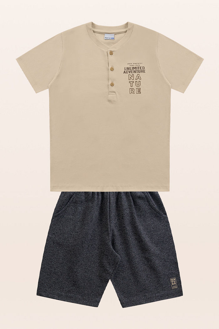 Conjunto camiseta com botão e bermuda nature