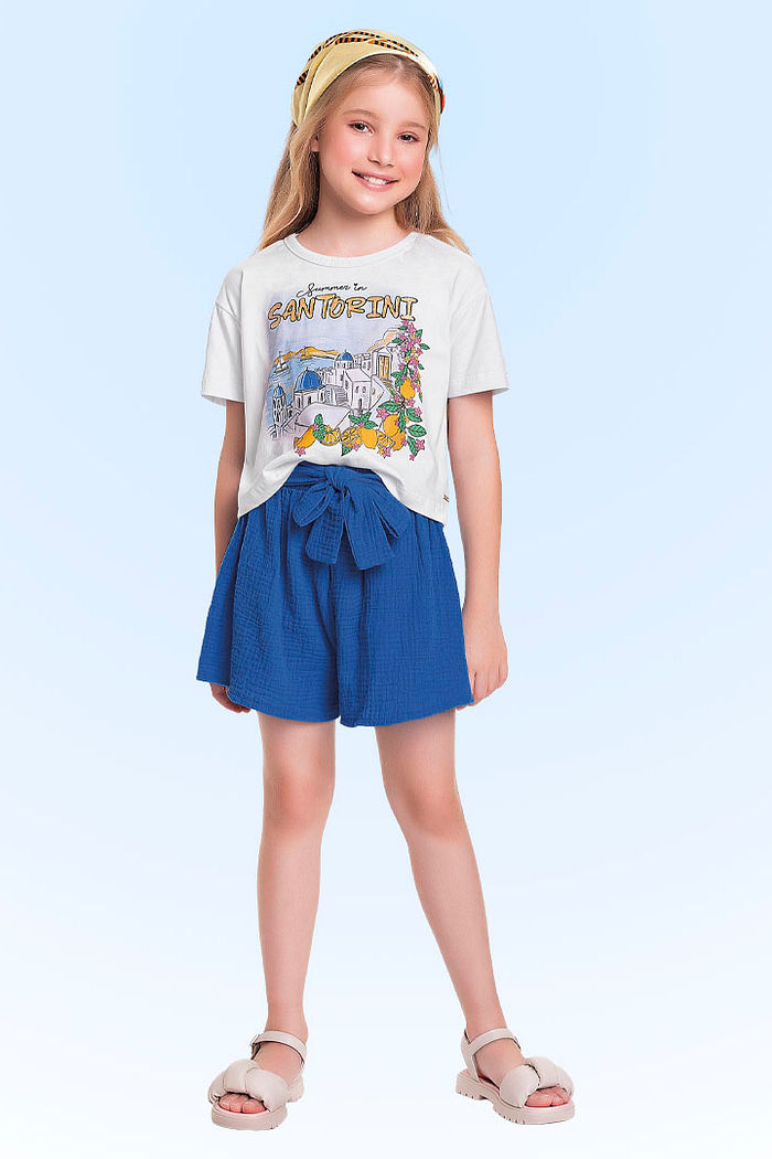 Conjunto blusa em meia malha e short em tecido malha gase com textura