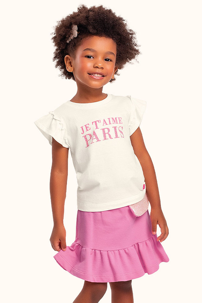 Conjunto verão blusa e short saia com pochete e aplique de strass