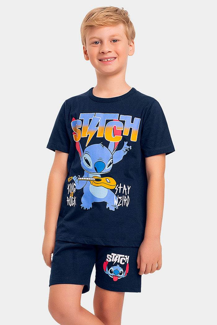 Conjunto infantil camiseta meia malha e bermuda moletinho Stitch