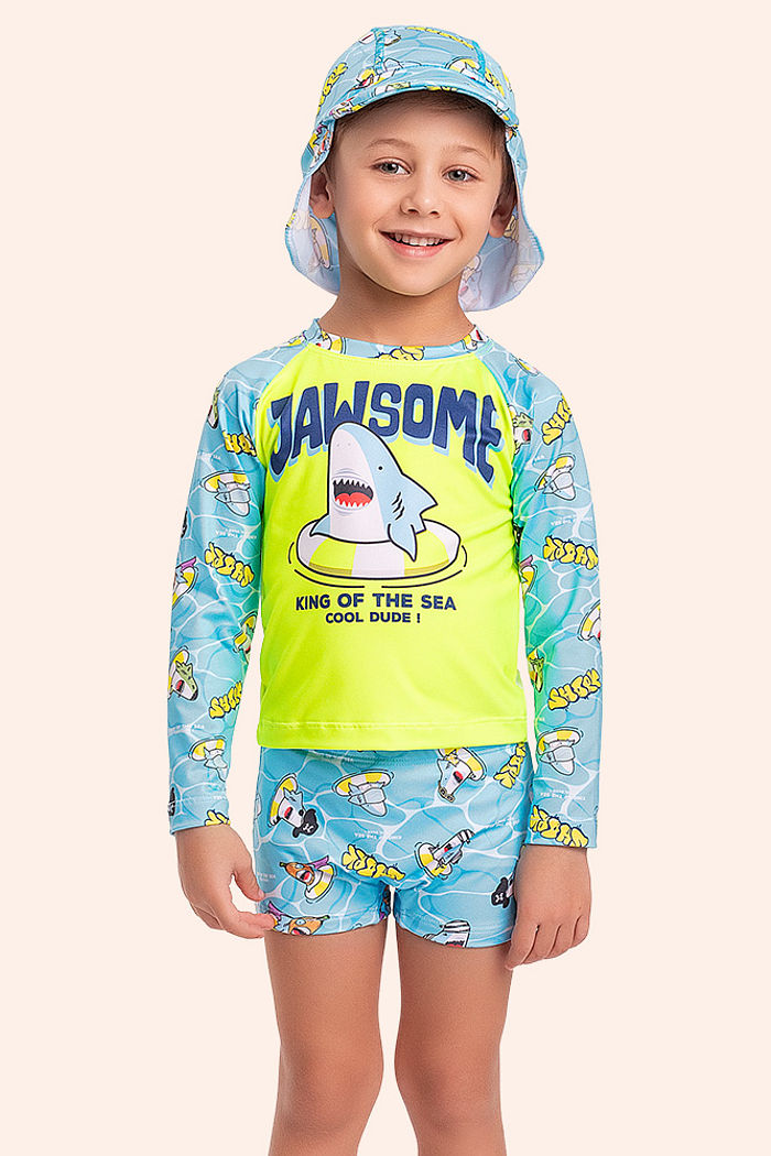 Conjunto infantil camiseta manga longa sunga boxer e chapéu com proteção uv