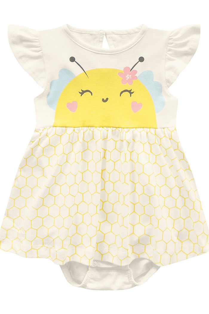 Body bebê manga curta com saia estampa abelha