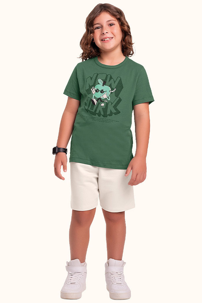 Conjunto camiseta maçã verde em meia malha e bermuda em moletinho maçã verde