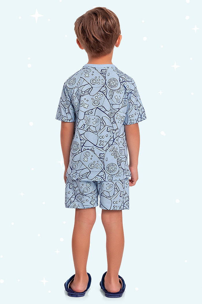 Conjunto pijama infantil camiseta e bermuda estampa game brilha no escuro