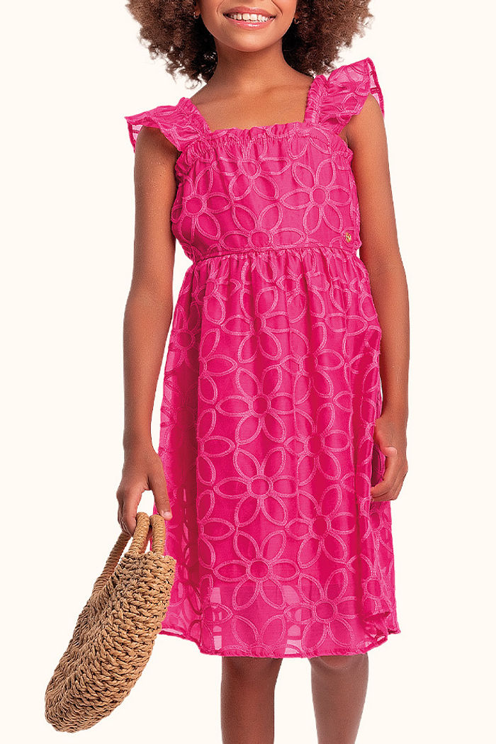 Vestido em tule bordado e forro em meia malha