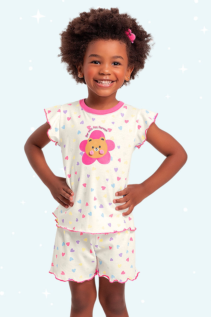 Conjunto pijama infantil blusa e short corações pom pom brilha no escuro