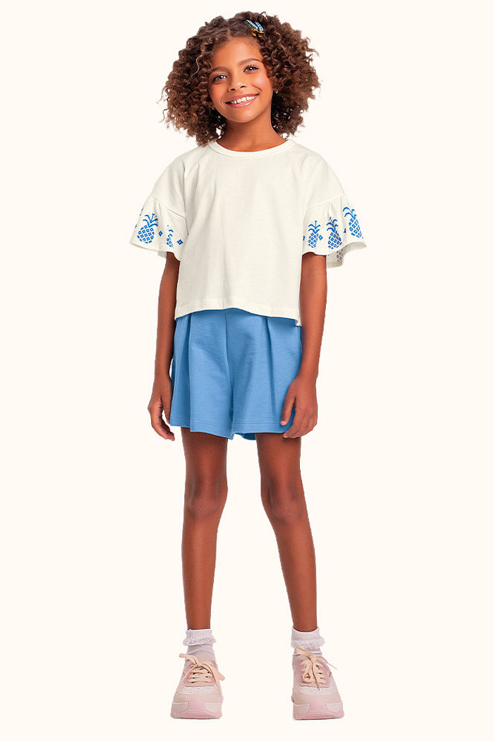 Conjunto blusa em meia malha e short em moletinho abacaxi