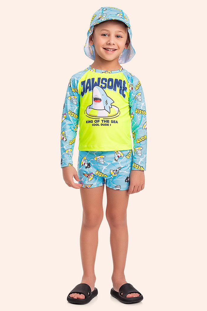 Conjunto infantil camiseta manga longa sunga boxer e chapéu com proteção uv