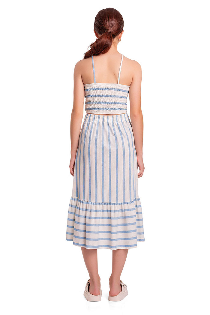 Conjunto juvenil menina top cropped e saia midi listrada