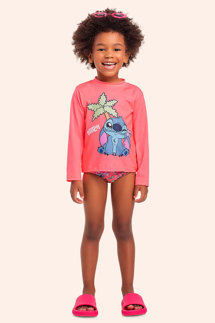 Conjunto blusa manga longa/calcinha moda praia Lilo & Stitch