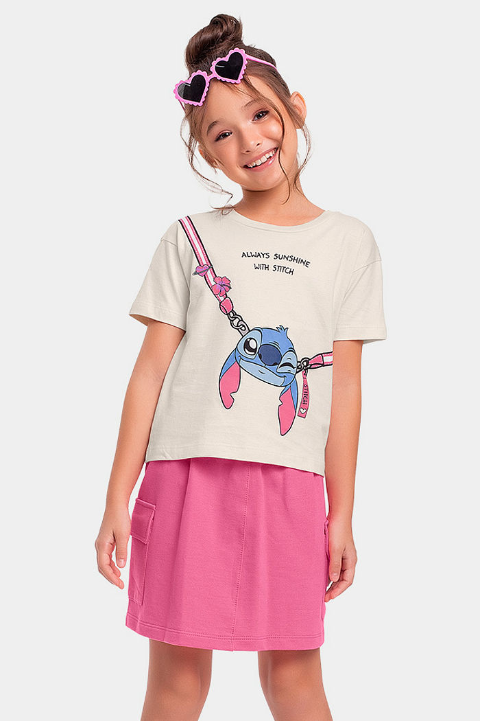 Conjunto infantil blusa e short saia Stitch com brilho