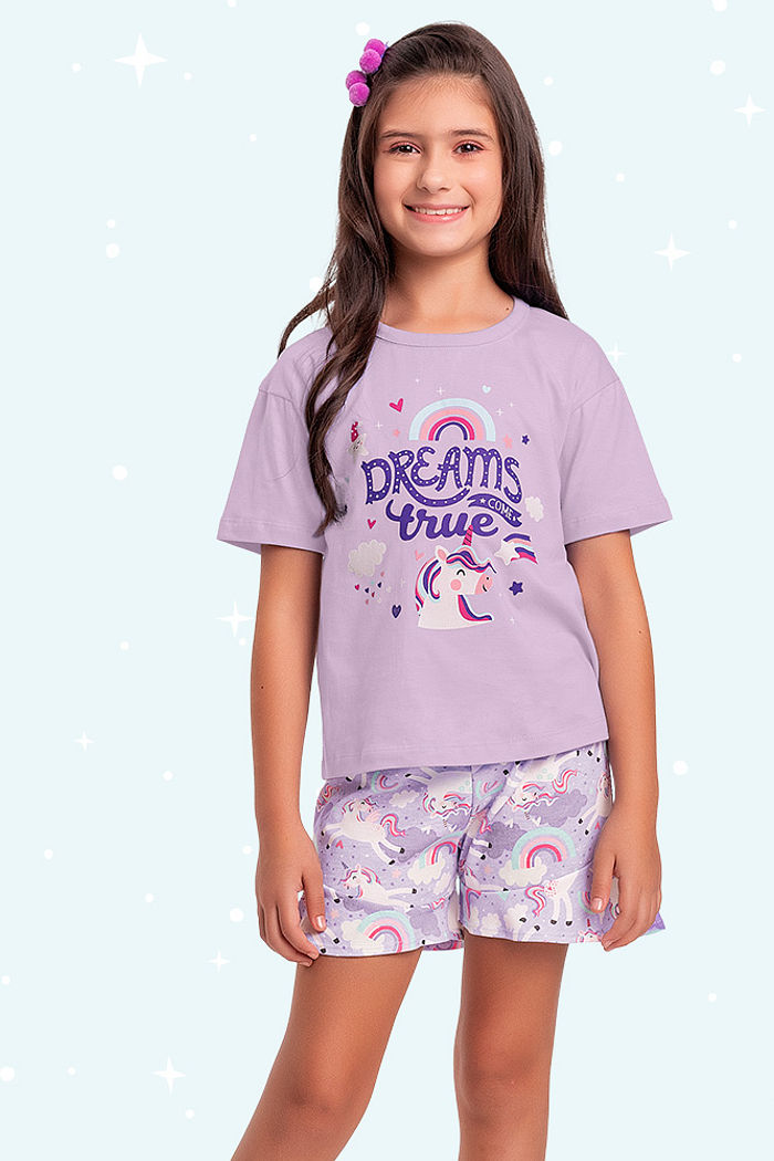 Conjunto pijama infantil blusa e short unicórnio brilha no escuro