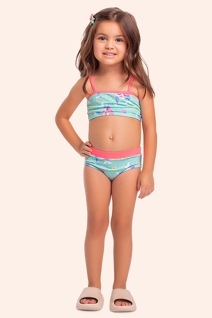 Conjunto biquíni infantil estampado fundo do mar com proteção uv