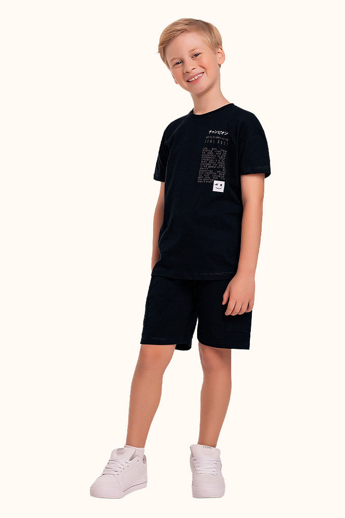 Conjunto camiseta em meia malha e bermuda em moletinho Emoji