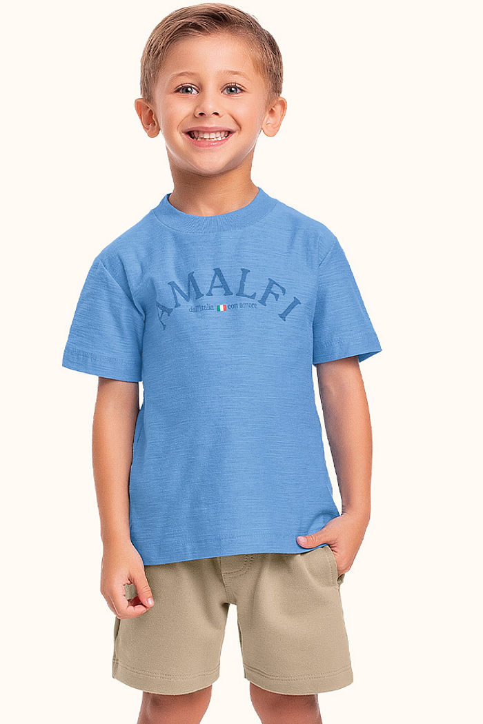 Conjunto camiseta em meia malha flamê e bermuda em moletinho com bolso funcional