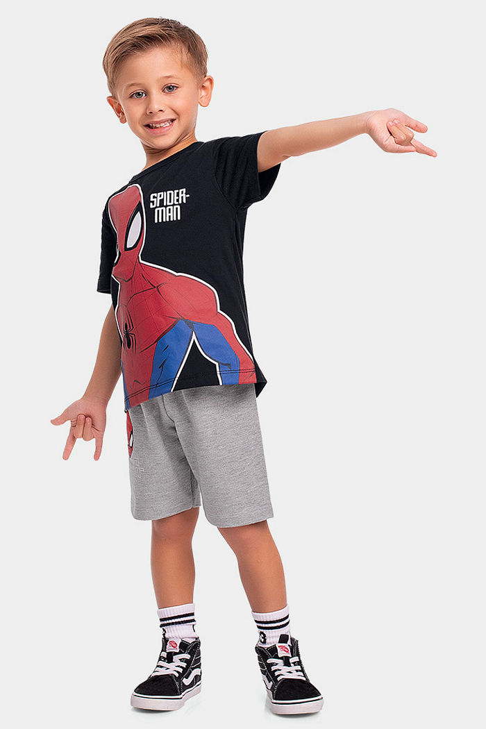 Conjunto camiseta e bermuda em moletinho Homem-Aranha