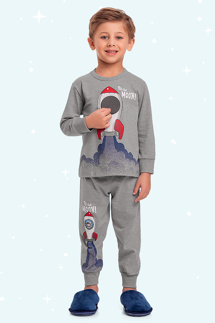 Conjunto pijama camiseta manga longa e calça foguete com aplique interativo