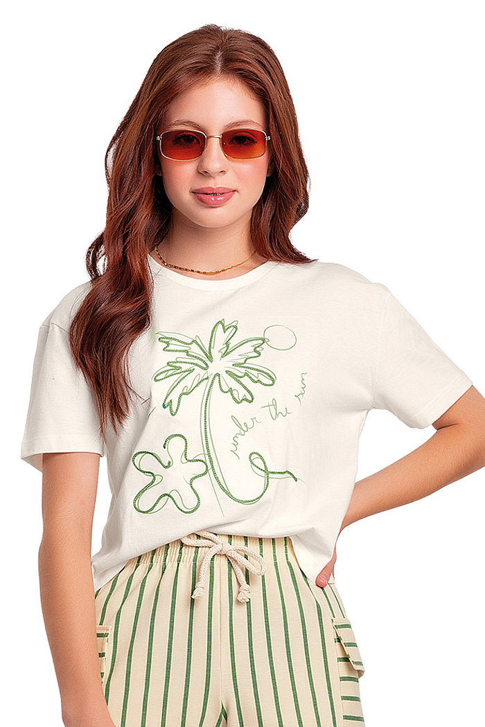 Blusa juvenil bordado palmeira verão