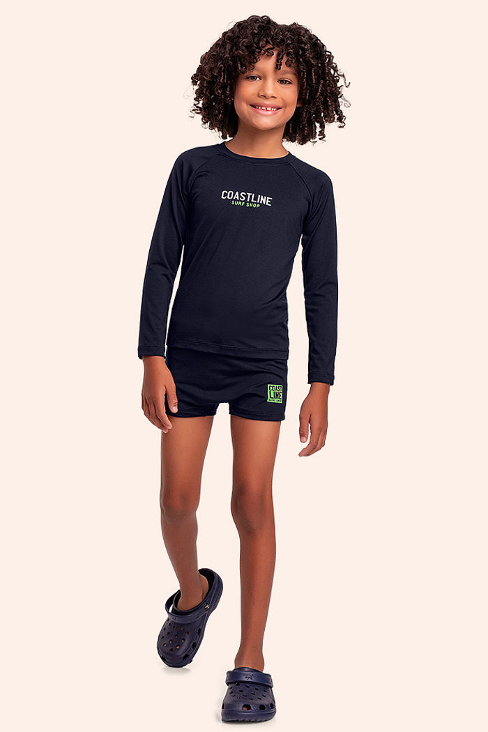 Conjunto infantil camiseta manga longa e sunga boxer com proteção uv