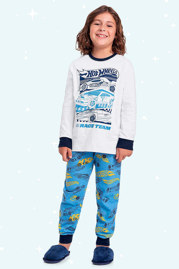 Conjunto pijama infantil camiseta manga longa e calça Hot Wheels