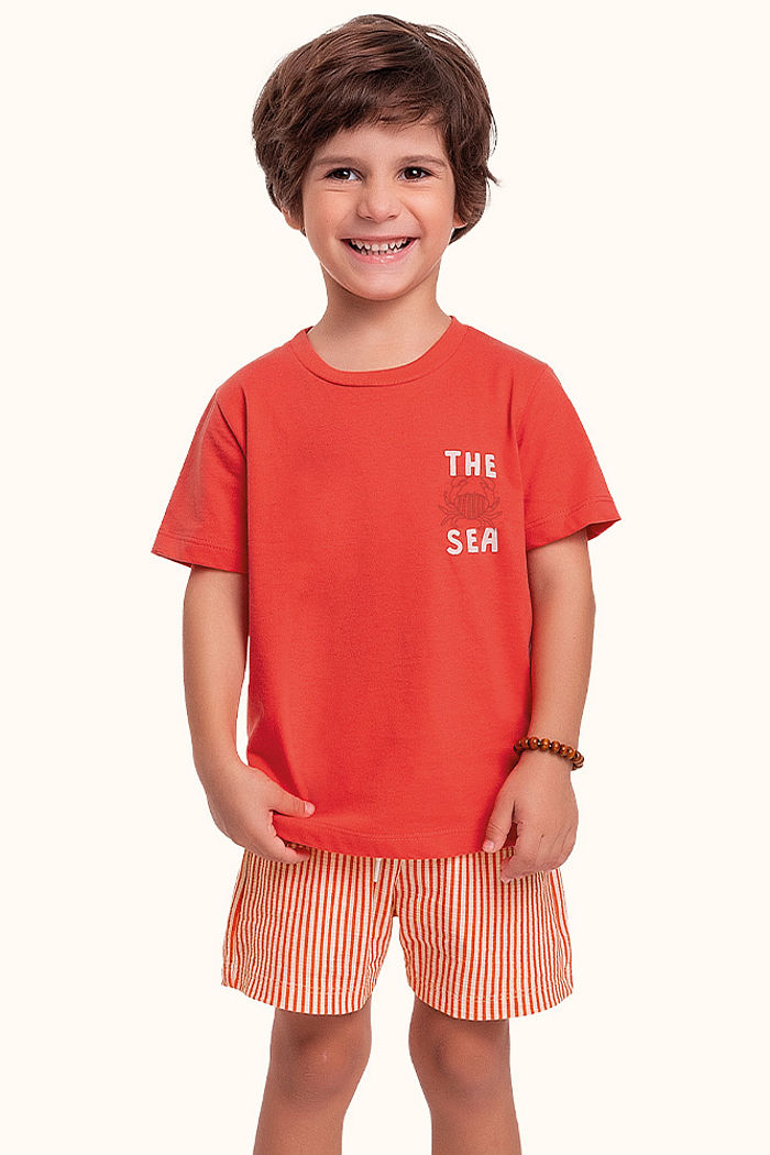 Conjunto camiseta em meia malha e bermuda em malha florence com cadarço decorativo