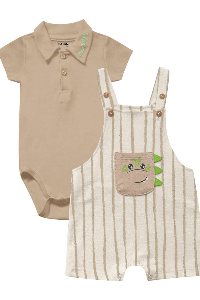 Conjunto body manga curta e macação dinossauro