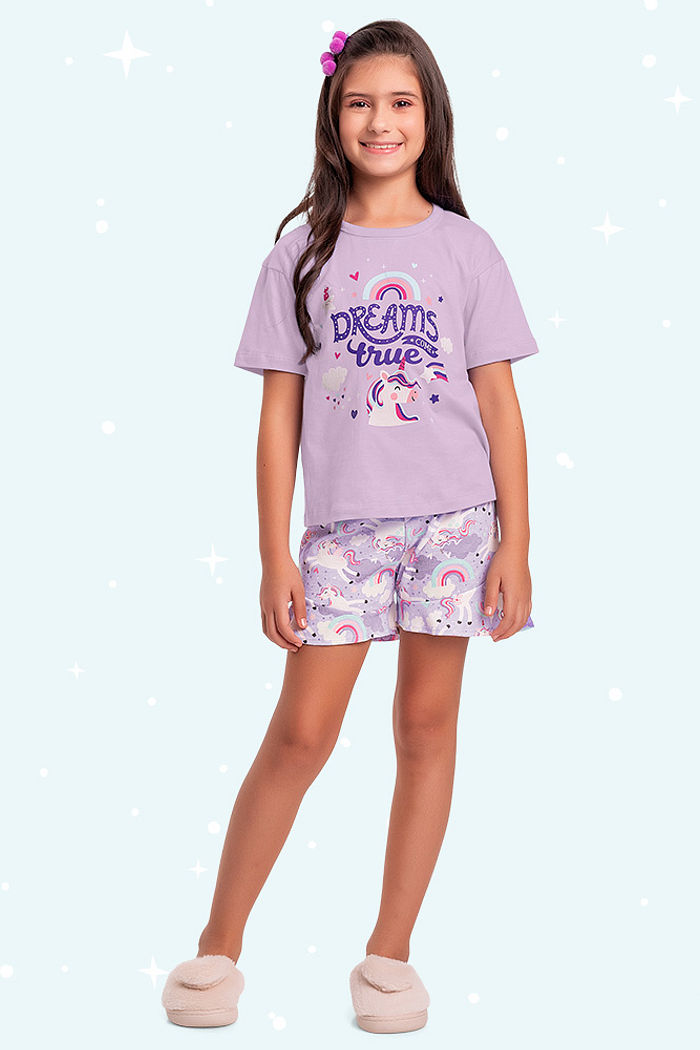 Conjunto pijama infantil blusa e short unicórnio brilha no escuro