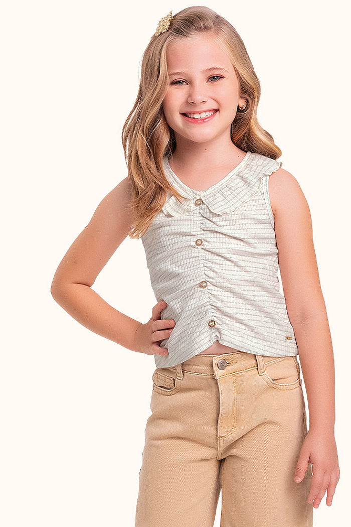 Blusa em ribana lurex com botão decorativo e lastex