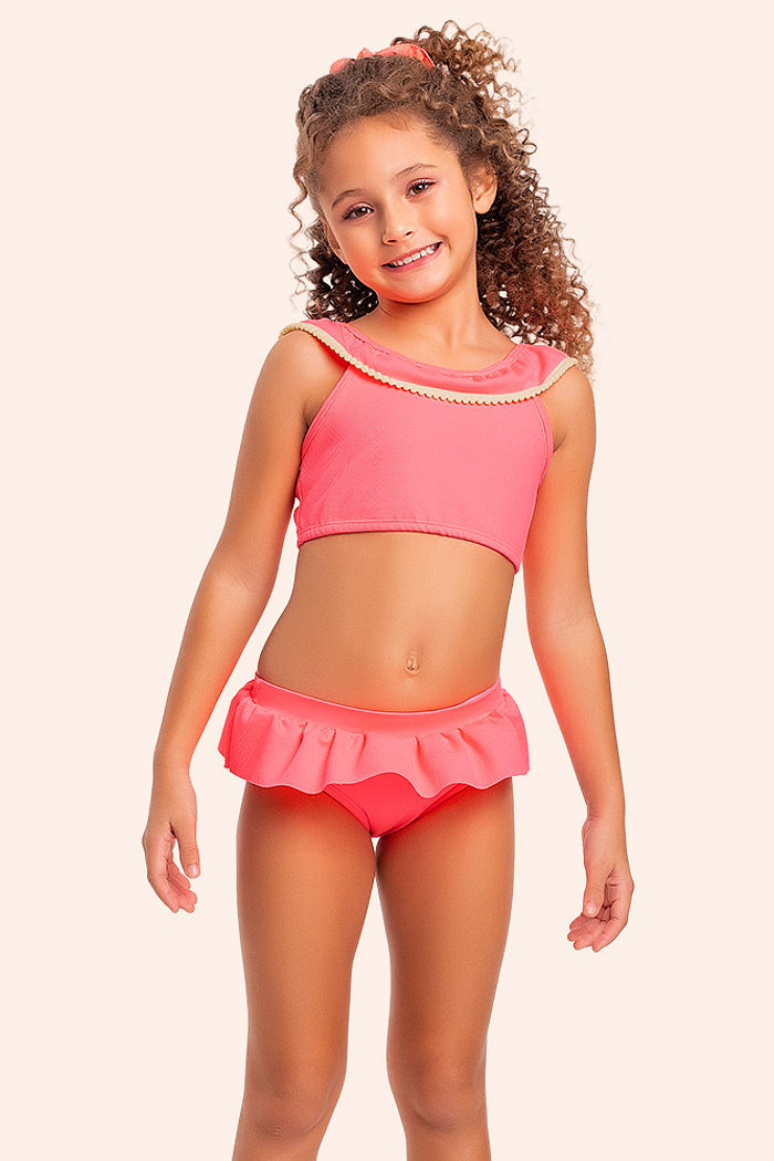 Conjunto biquini infantil babados e pompom