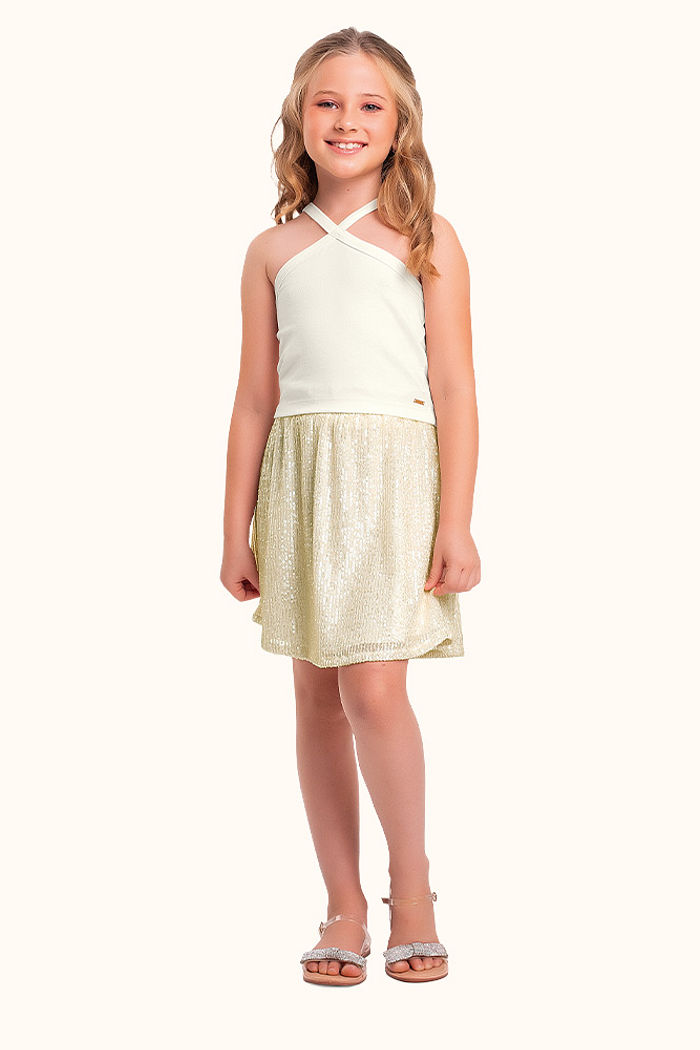 Conjunto regata em cotton leve e saia em tecido lantejoula