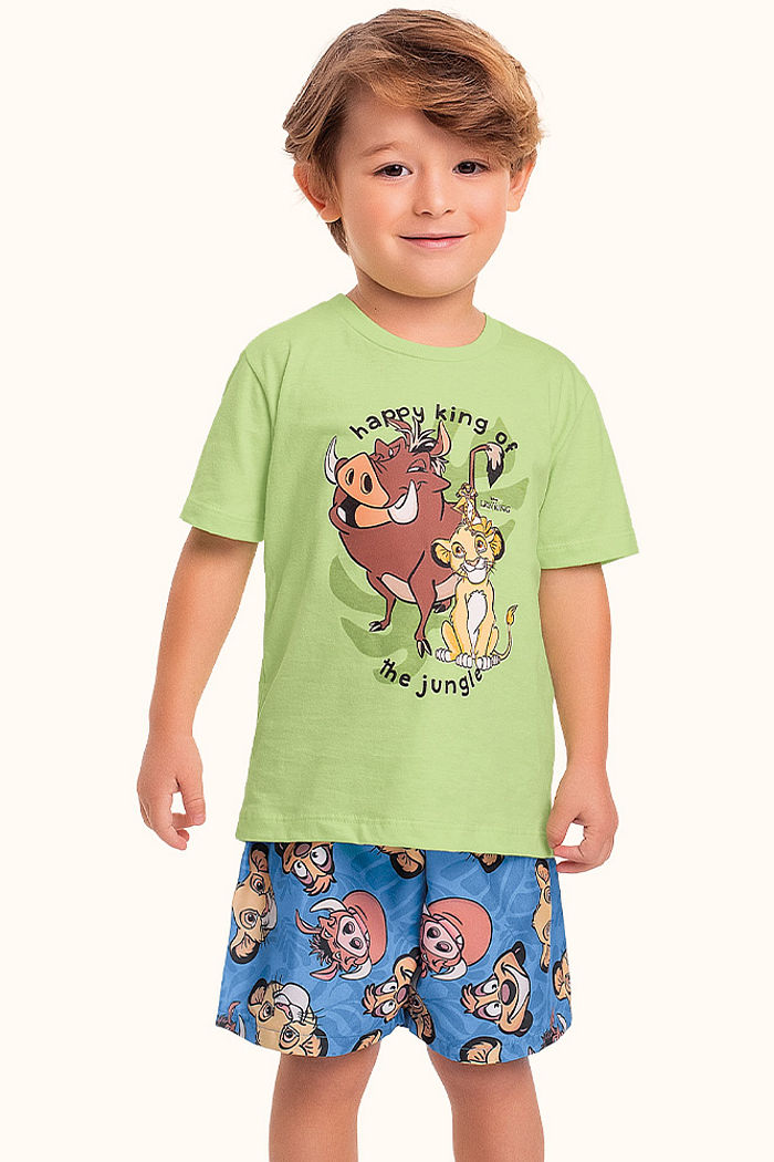 Conjunto camiseta em meia malha e bermuda cordão decorativo Rei Leão