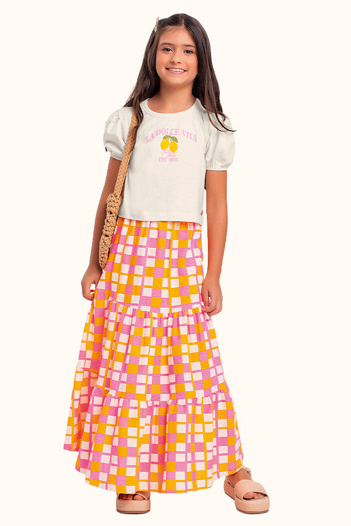 Conjunto blusa em meia malha e saia longa em malha florence xadrez