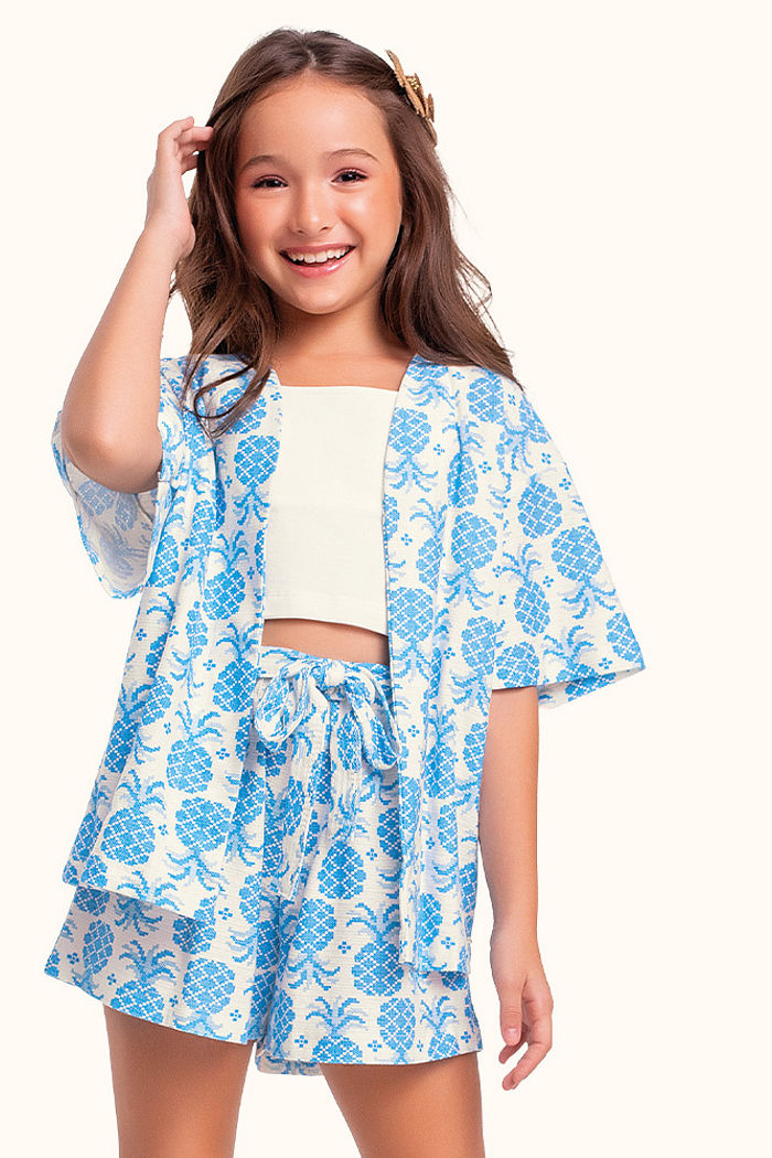 Conjunto kimono, short e top estampa abacaxi