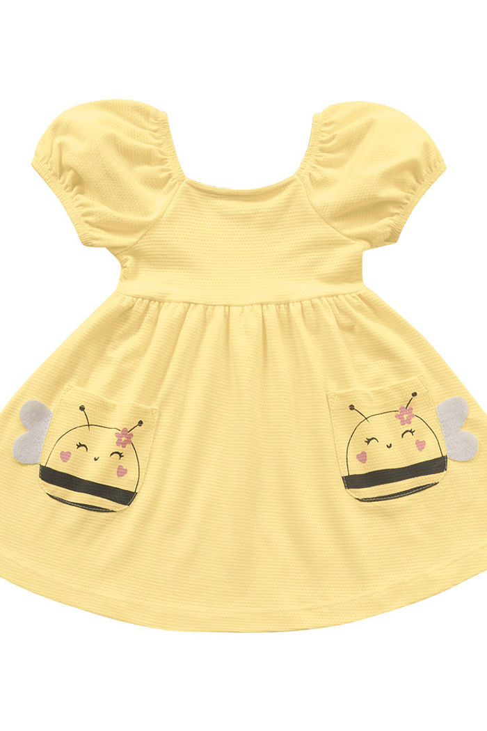 Vestido bebê feminino malha favo com bolsos de bichinhos