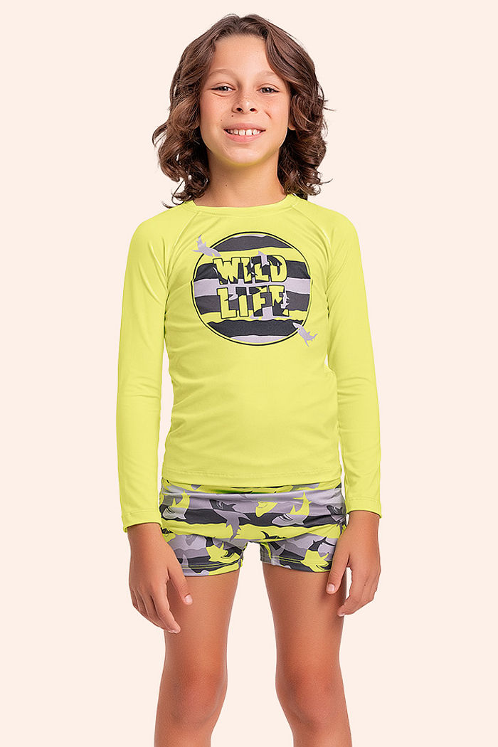 Conjunto infantil camiseta manga longa e sunga boxer com proteção uv