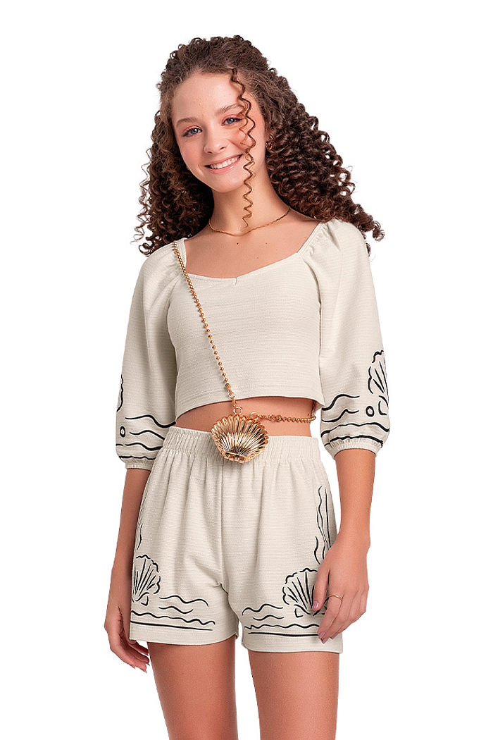 Conjunto juvenil blusa cropped e short praiana