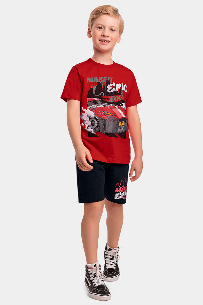 Conjunto infantil camiseta meia malha e bermuda moletinho Hot Wheels