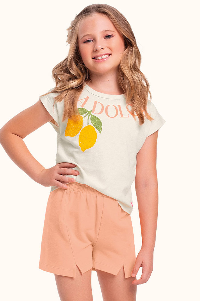 Conjunto blusa em meia malha e short em moletinho limonada strass