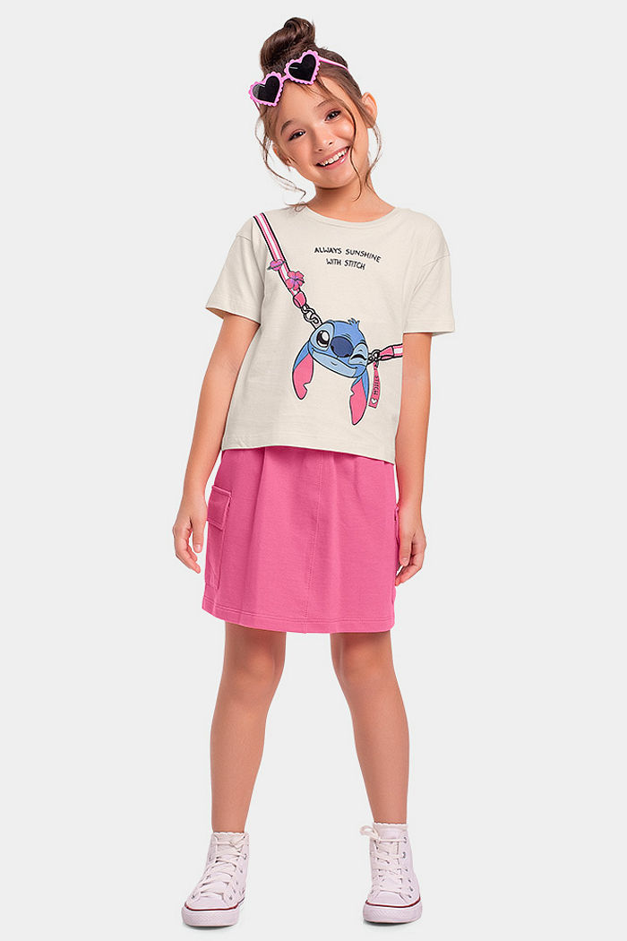 Conjunto infantil blusa e short saia Stitch com brilho
