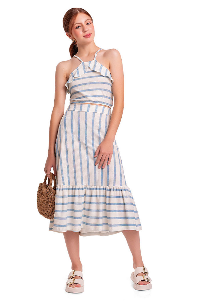 Conjunto juvenil menina top cropped e saia midi listrada