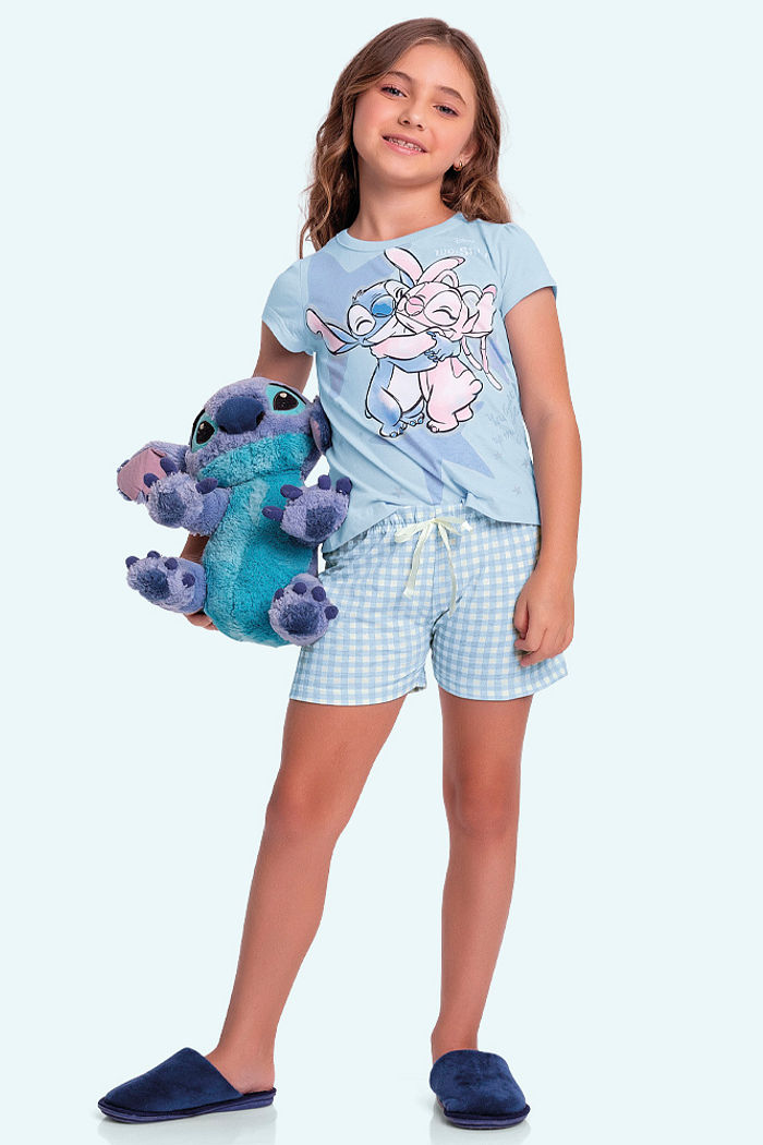Conjunto pijama blusa e short xadrez com laço Stitch