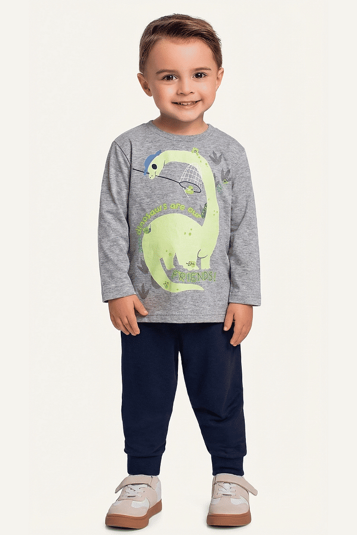 Conjunto camiseta manga longa em meia malha e calça em moletinho dinossauro amigo