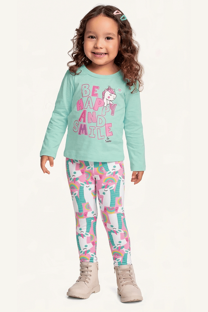 Conjunto blusa manga longa em meia malha e legging em cotton leve unicórnio