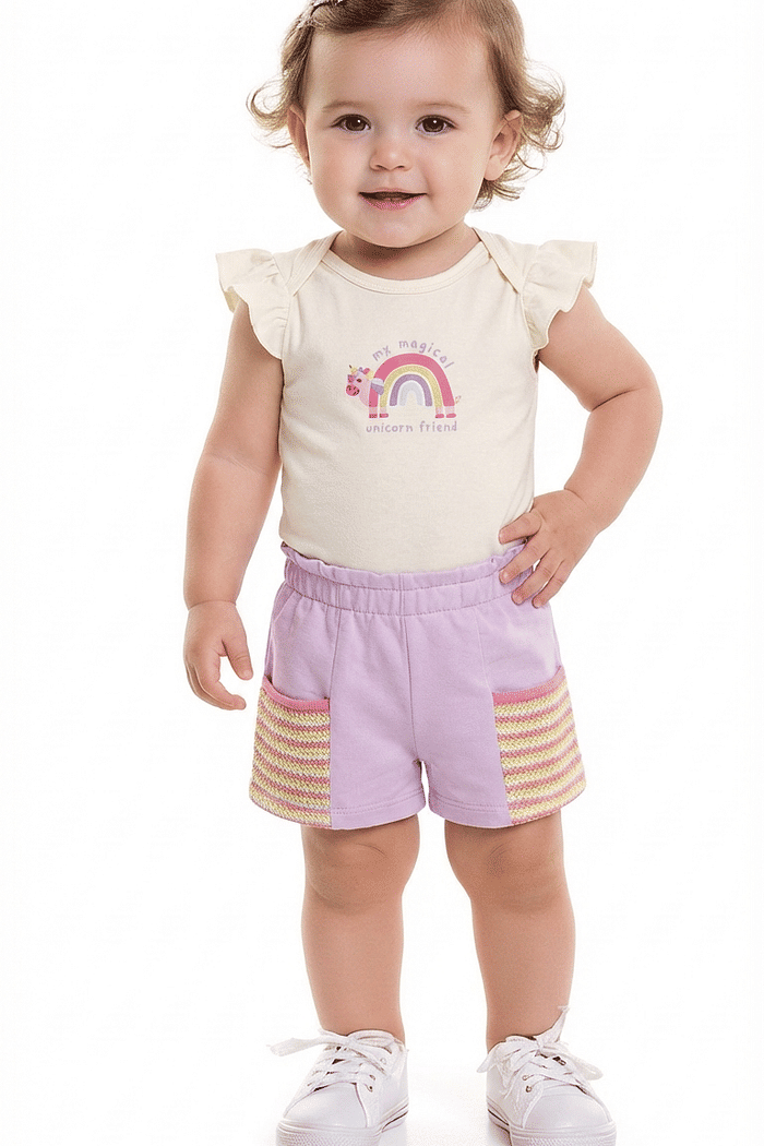 Conjunto body manga curta e short com botão de pressão