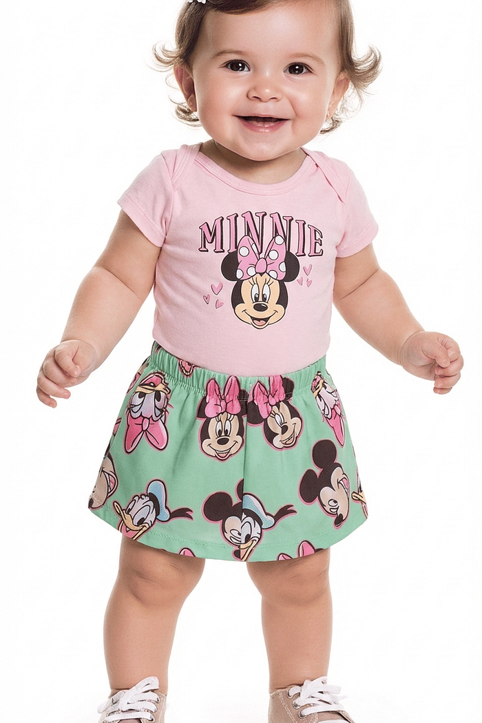 Conjunto body manga curta em suedine e short-saia em cotton leve Minnie