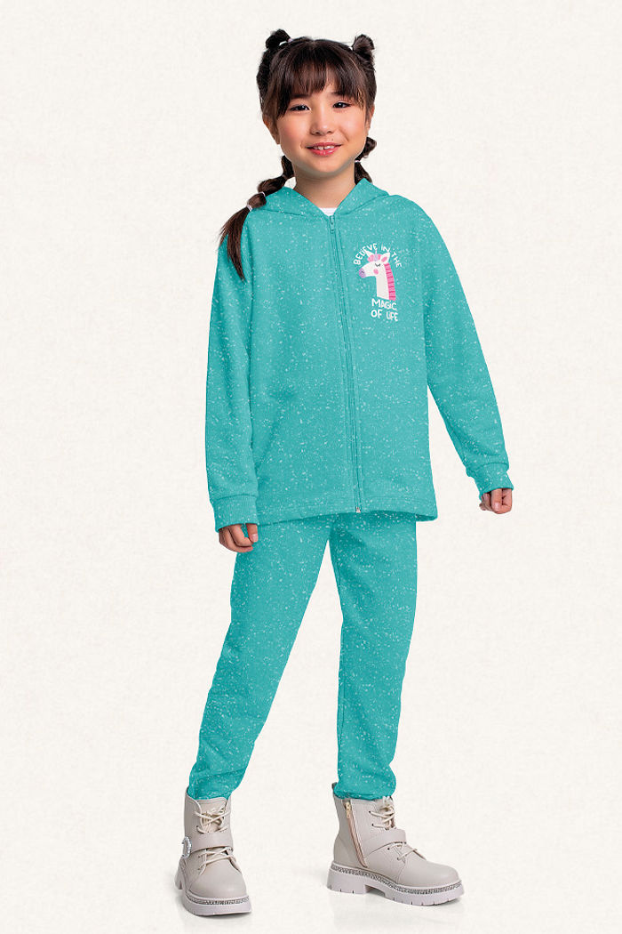 Conjunto jaqueta com capuz e calça em moletom molinê unicórnio