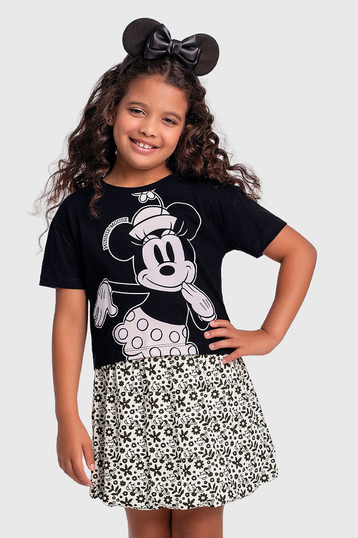 Conjunto blusa e short-saia balonê da Minnie e elástico roliço com ponteira reguladora